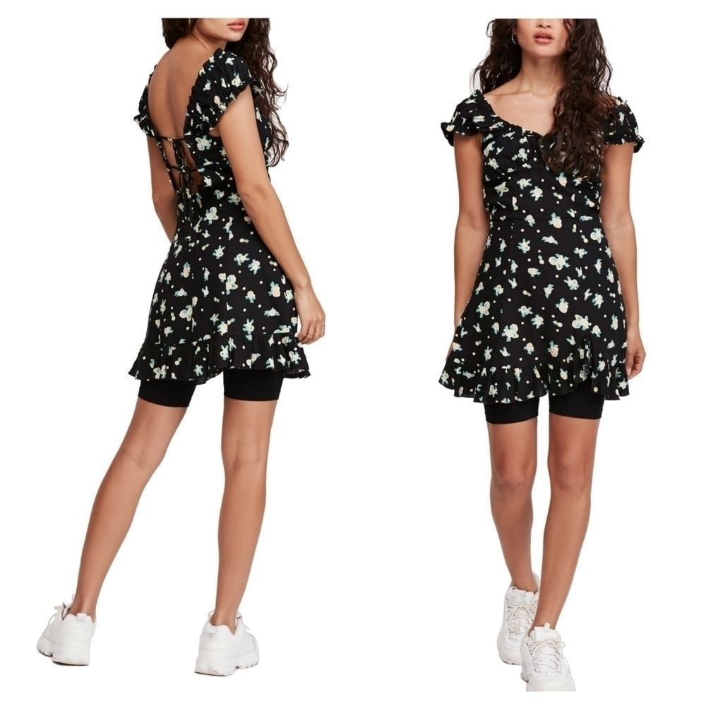 Free People Like A Lady Lemon Print Mini Dress Black sz S NEW